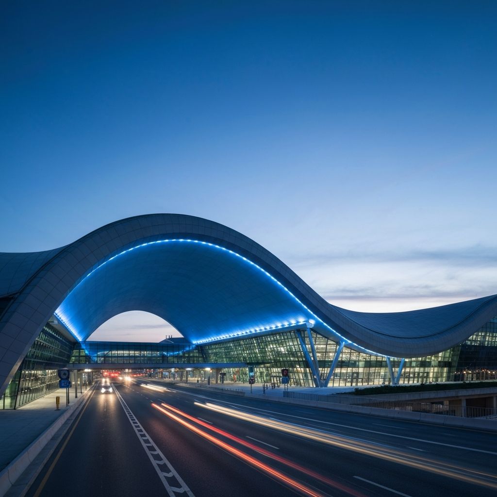 Dublin Airport Terminal 2 modern architecture at dusk